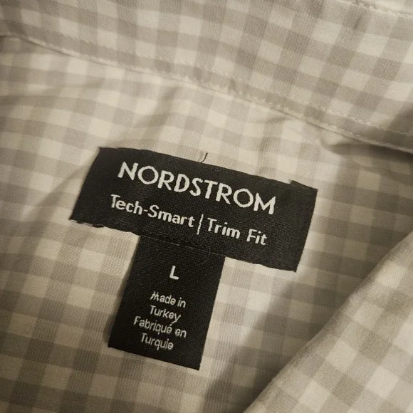 Nordstrom Shirt Mens Large Gray White Check Tech-Smart Trim Fit Button Up Pocket - Picture 5 of 7